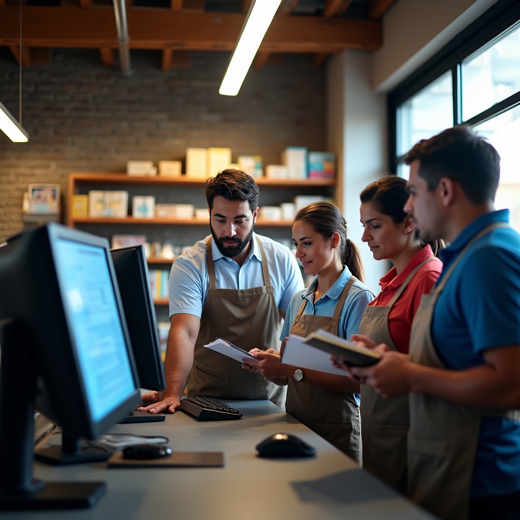 Training session with small business team learning inventory management system